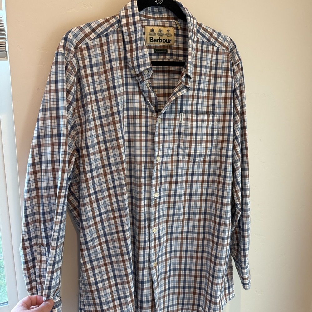 Barbour Men's Blue and Brown Plaid Shirt